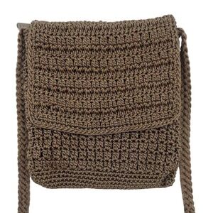 THE SAK Small Crochet Brown Crossbody Bag Purse‎ Top Zip Flap Closure Minimalist